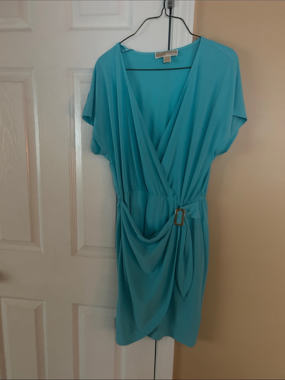 Michael Kors Turquoise Wrap-Style Midi Dress with Buckle
